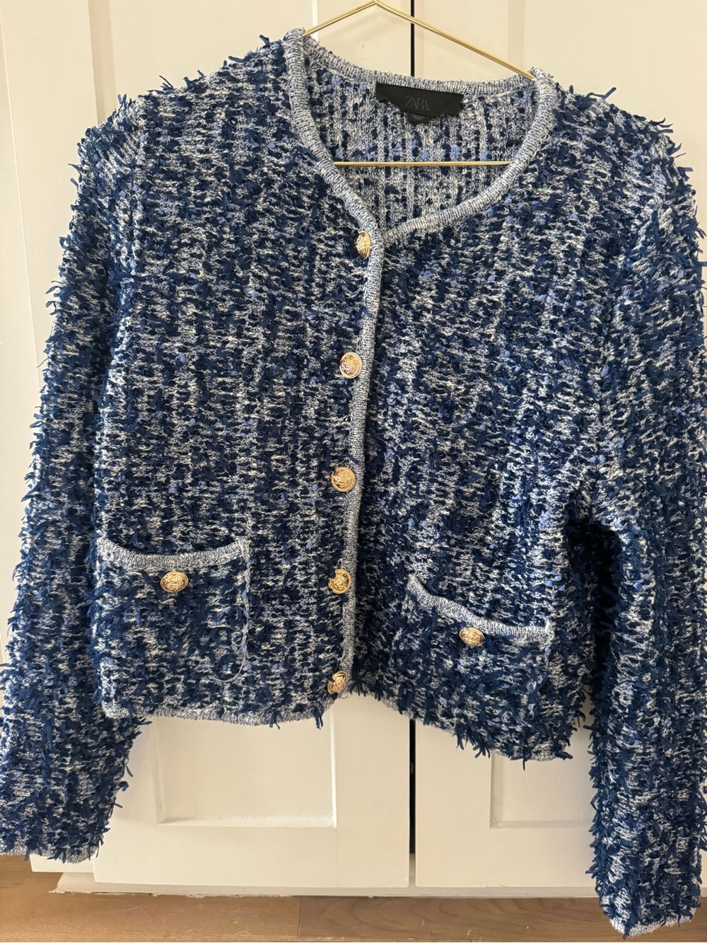 Zara Navy and White Fringe Tweed Cropped Jacket